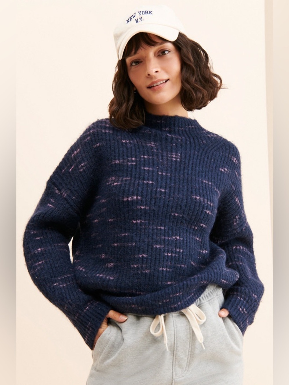 Varley Albion Knit Sweater Wool Pullover Mock Neck Chunky Knit Fuzzy Blue